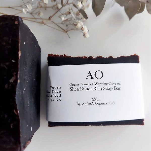 Organic Vanilla + Warming Clove oil + Shea Butter Rich Soap Bar -  Rich in antioxidants + Reduces signs of aging