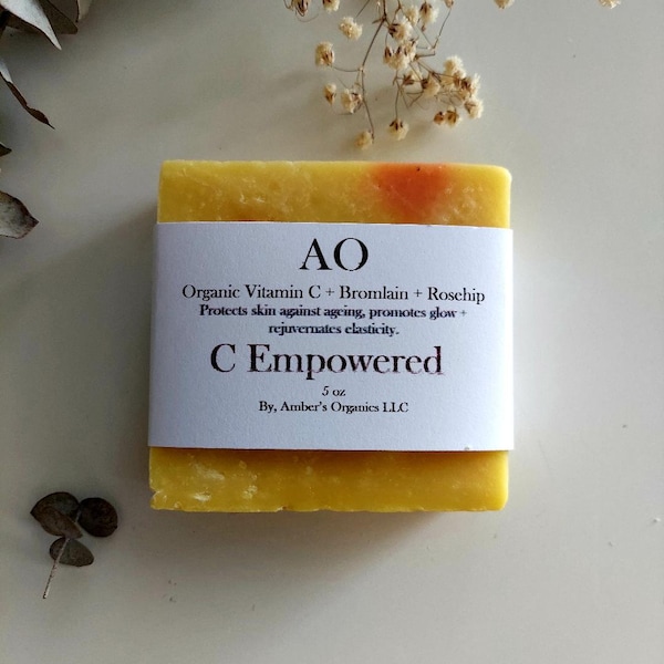 Organic "C Empowered" Vitamin C + Bromlain Enzyme + Rosehip Seed Oil - Radiant Luminous Skin & Luxurious Lather. Big 5 oz Bar Soap