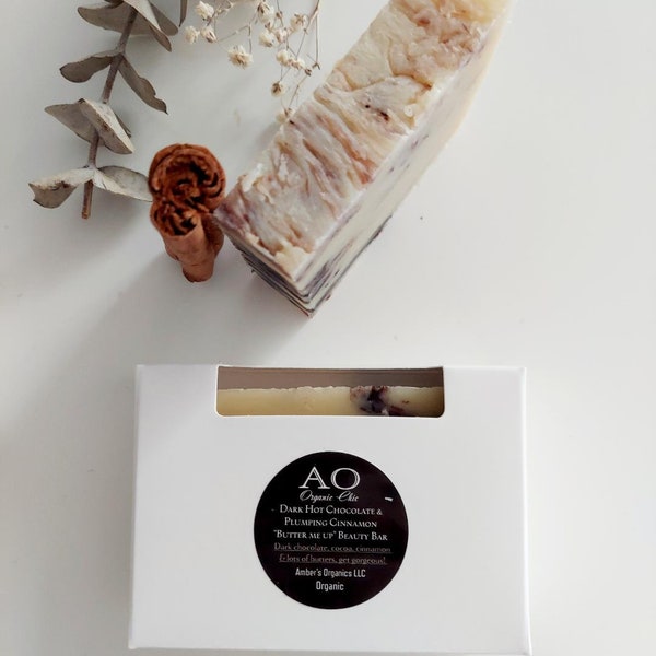 Organic Hot Cocoa Vegan Dark Chocolate  +  Plumping, Smoother, Cinnamon "butter me up" Beauty Soap Bar - It's Vegan Better!