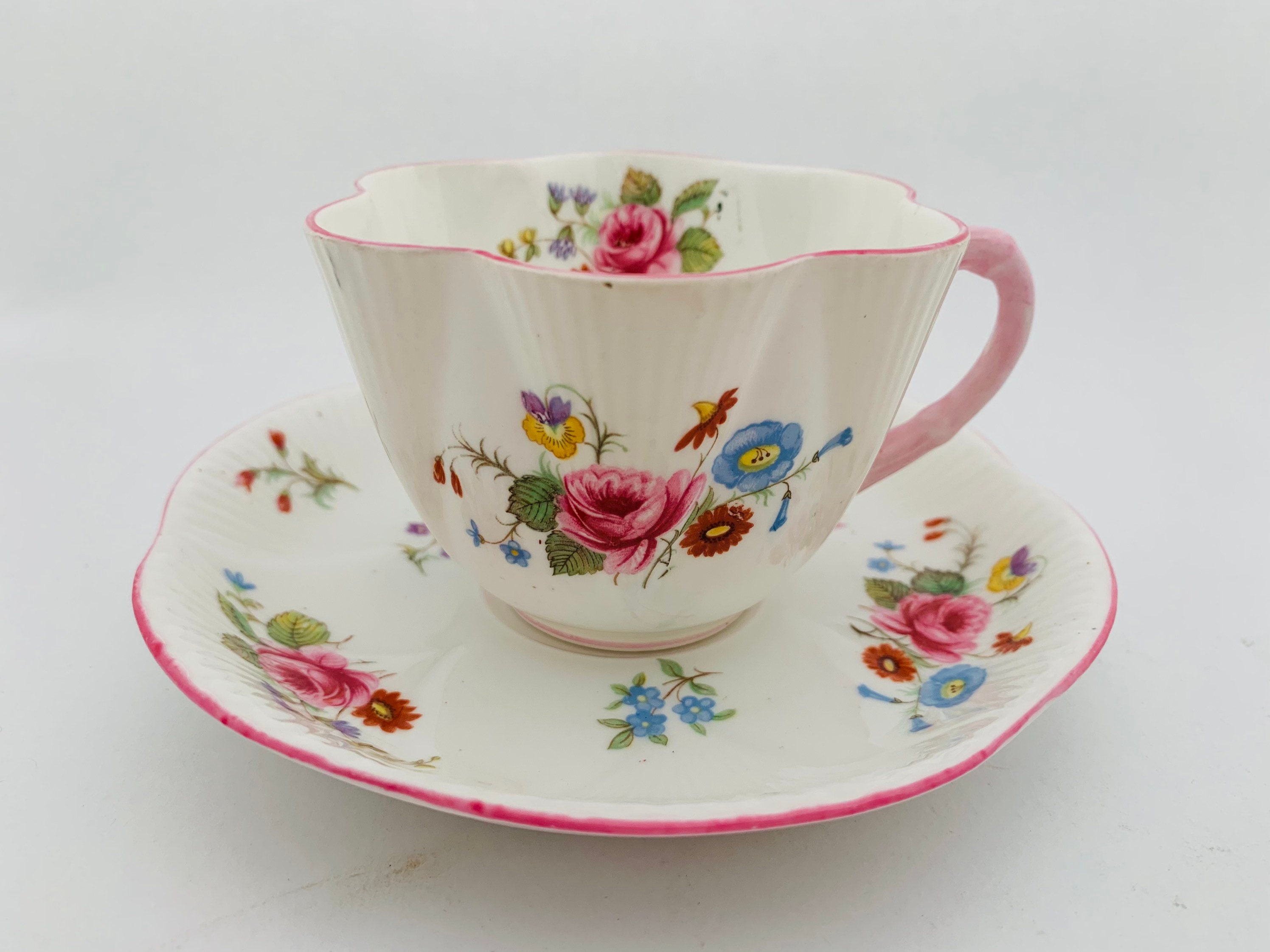 Shelley dainty teacup and saucer pink handle and trim floral Etsy