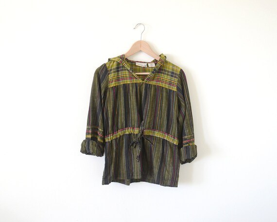 70s ethnic top / vintage blouse top / green plaid