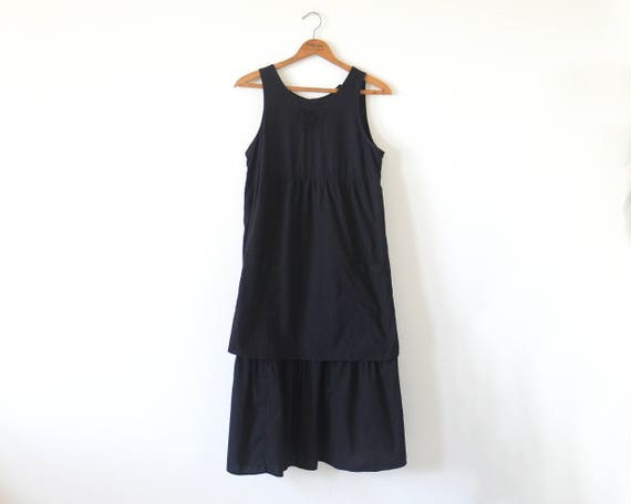 70s black layered dress / vintage black apron dres