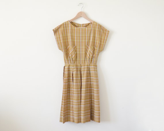 1950s day dress / plaid dress / vintage mustard dr