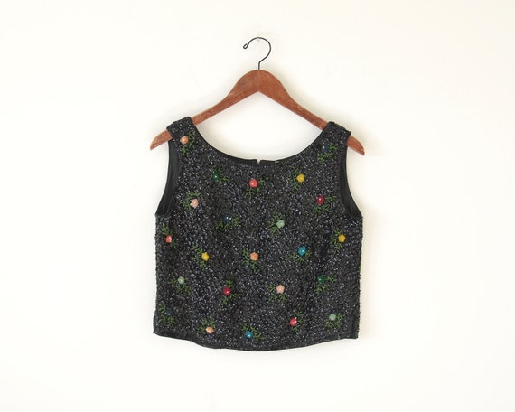 1960s sequin top / beaded flower top / cropped top