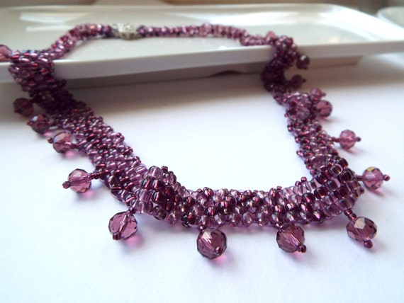 Purple crystal necklace,  woven necklace, collar necklace