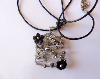 Crochet pendant with crystals, lucite flowers