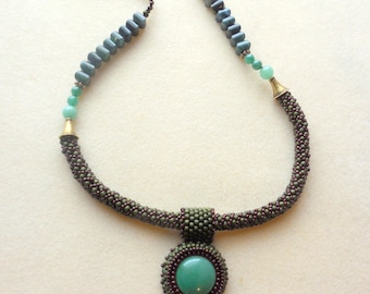 Green  aventurine  gemstones necklace,beadwork & bead embroidery, Pendant necklace.