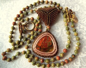 Green and peach unakite  gemstone necklace. Knotted necklace. Embroidery pendant necklace.Beadwork necklace. Jasper necklace.