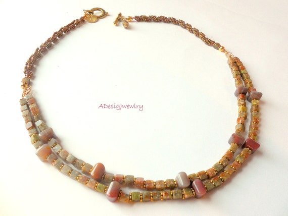 Autumn jasper woven necklace , square beads, gemstones necklace, double row necklace
