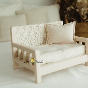 Cream macreame bench with velvet matress and pillow