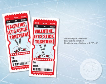 May include: Two red and white hockey ticket-style Valentine's Day cards with the text "Valentine, Let's Stick Together!" and a graphic of two crossed hockey sticks. The cards are 2.75 inches by 6 inches.
