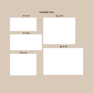 Peut inclure: Un tableau montrant les tailles disponibles pour les impressions. Les tailles sont indiqu&eacute;es en pouces&nbsp;: 10 x 20, 12 x 24, 16 x 20, 24 x 20 et 30 x 20.