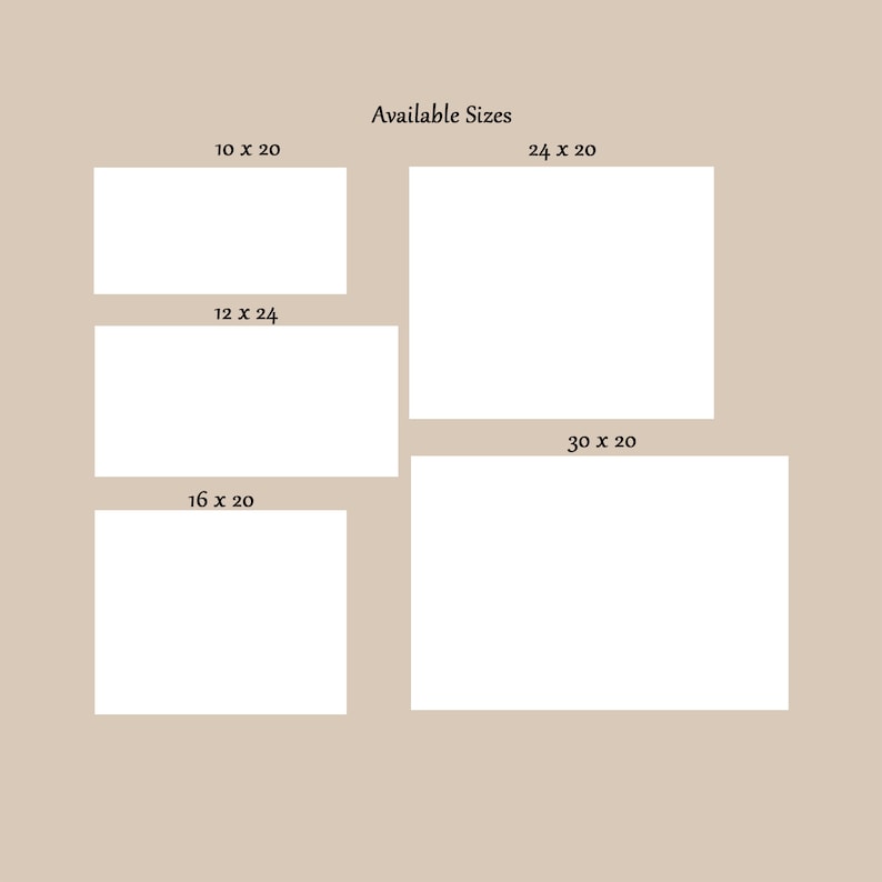 Peut inclure: Un tableau montrant les tailles disponibles pour les impressions. Les tailles sont indiqu&eacute;es en pouces&nbsp;: 10 x 20, 12 x 24, 16 x 20, 24 x 20 et 30 x 20.