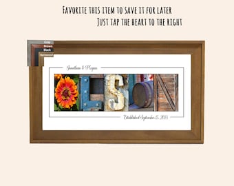 Plaque de nom de famille personnalisée : alphabet familial personnalisé, cadeau de mariage dans une ferme moderne
