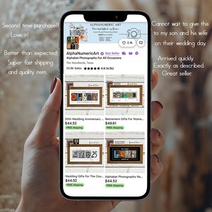 Peut inclure: Un smartphone affichant une boutique Etsy d'art photographique personnalis&eacute; en alphabet. La boutique propose une vari&eacute;t&eacute; de designs, notamment des cadeaux pour les anniversaires de mariage, la retraite et les mariages. Le nom de la boutique est AlphaNumericArt et son slogan est "Alphabet Photography For All Occasions".