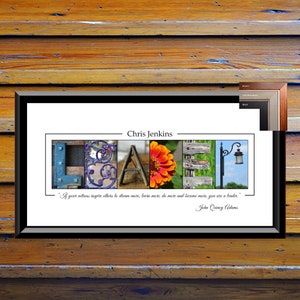 May include: A framed print with the word "Leader" spelled out using different images. The quote "If your actions inspire others to dream more, learn more, do more and become more, you are a leader." by John Quincy Adams is below the word. The name "Chris Jenkins" is at the top of the print.