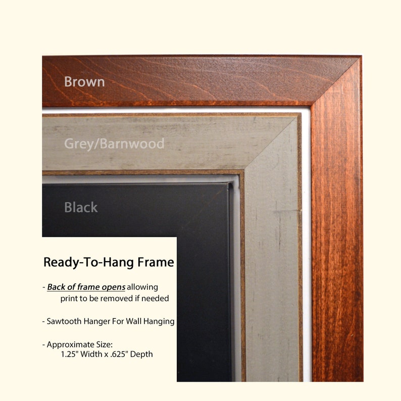 May include: A ready-to-hang frame with a brown, grey/barnwood, and black finish. The frame is 1.25 inches wide and 0.625 inches deep. The back of the frame opens to allow for the print to be removed if needed. It includes a sawtooth hanger for wall hanging.