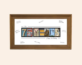75th Birthday Gift for Him — Personalized 75 Years Framed Guest Book Print