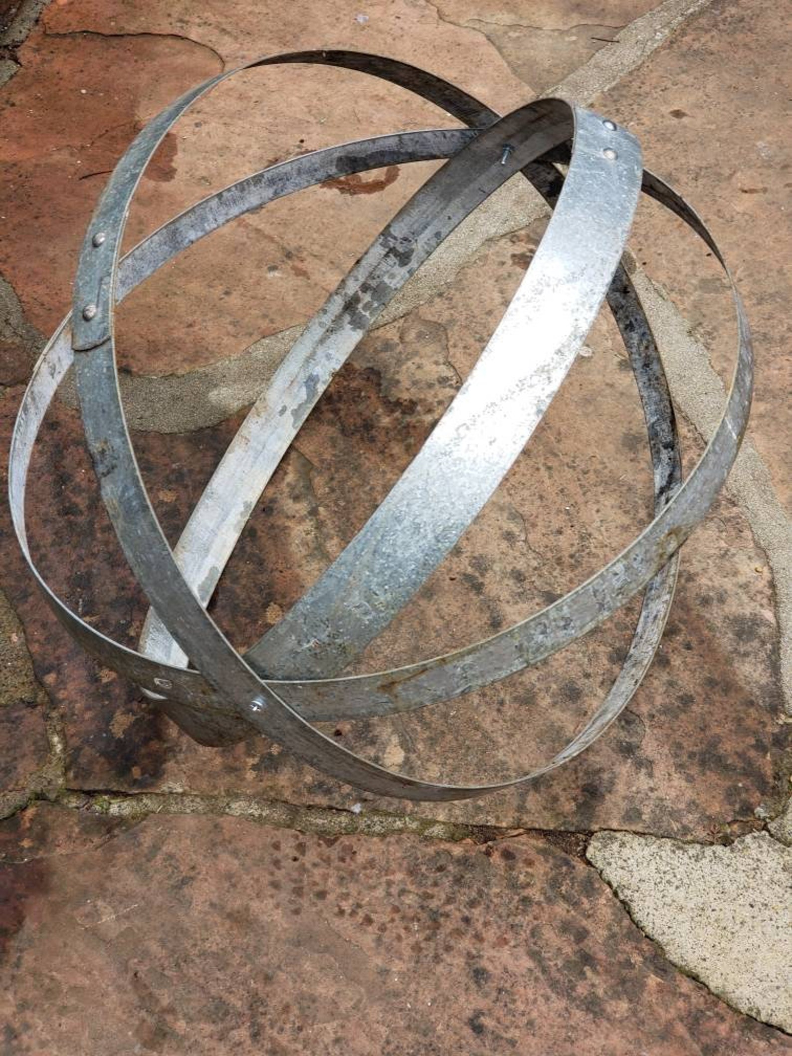 Vintage Wine Barrel Hoop Sphere, Handmade Garden Art, Rustic Garden