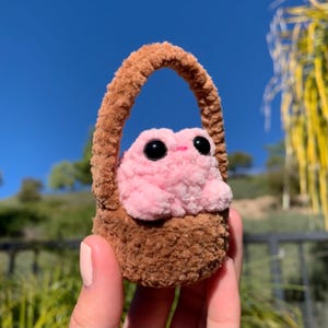 Pu&ograve; includere: Un giocattolo di peluche a forma di rana rosa in un cestino marrone. La rana ha grandi occhi neri e una piccola bocca rosa. Il cestino ha un manico ed &egrave; realizzato in un materiale morbido e strutturato. Lo sfondo mostra un cielo blu e fogliame verde.