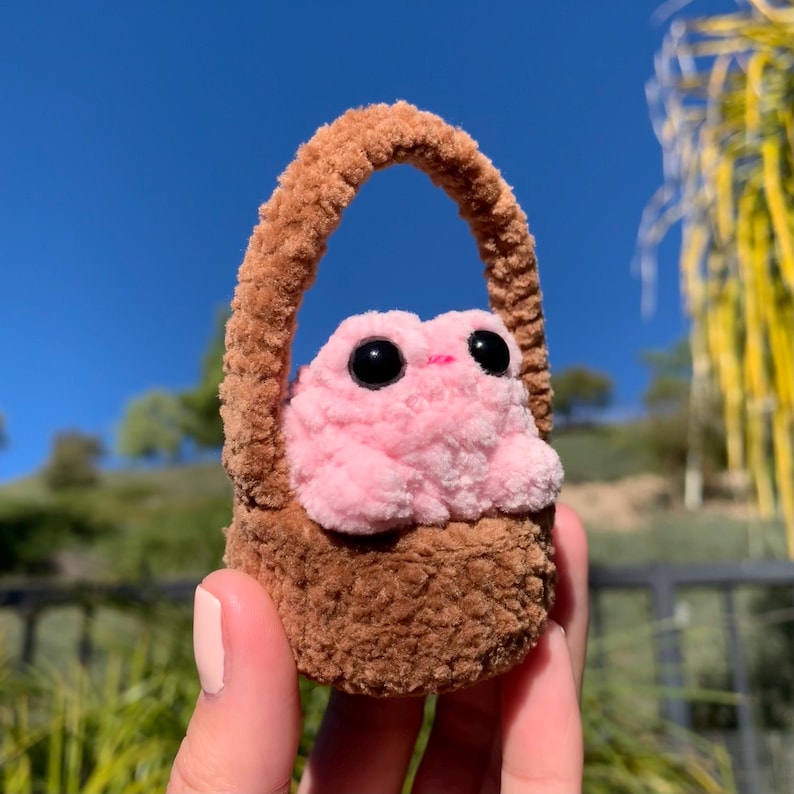 Pu&ograve; includere: Un giocattolo di peluche a forma di rana rosa in un cestino marrone. La rana ha grandi occhi neri e una piccola bocca rosa. Il cestino ha un manico ed &egrave; realizzato in un materiale morbido e strutturato. Lo sfondo mostra un cielo blu e fogliame verde.