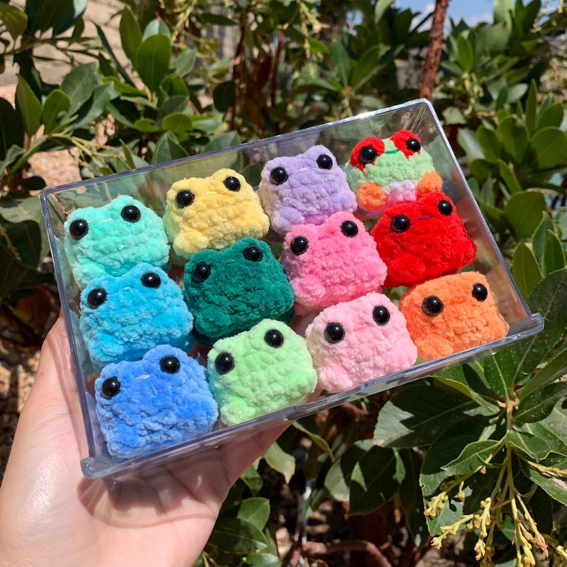 Pu&ograve; includere: Un contenitore di plastica trasparente pieno di peluche a forma di rana all'uncinetto colorati. Le rane sono in vari colori, tra cui blu, verde, giallo, rosa, viola e arancione, ognuna con occhi a bottone neri. Il contenitore &egrave; tenuto contro un fogliame verde.