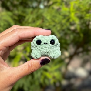 May include: A small, light green, textured crochet frog figurine with two large, round, black plastic eyes and a tiny, simple embroidered mouth. The surface of the frog has a bumpy, moss-like appearance, and it is held between two fingers.