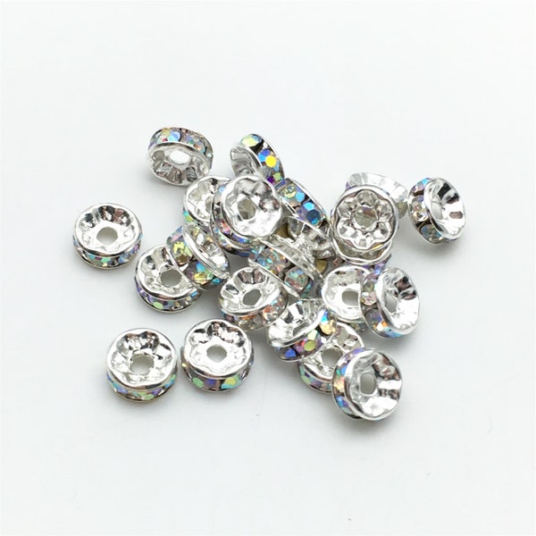 50 pcs 8mm clair AB strass intercalaires de rondelle, entretoise de ton argent perles, apprêts