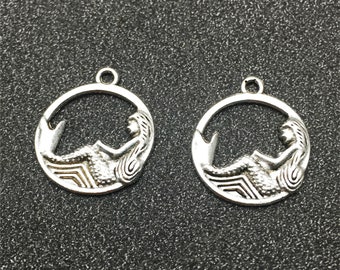 Bulk 50 Mermaid Disc Charms ,Antique Silver Tone 25x22mm