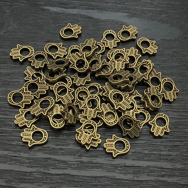 Bulk 60 Antique Bronze Hamsa Hand Beads,Double Sided Hamsa Hand ,Hand Charms , Finding 13mmx15mm