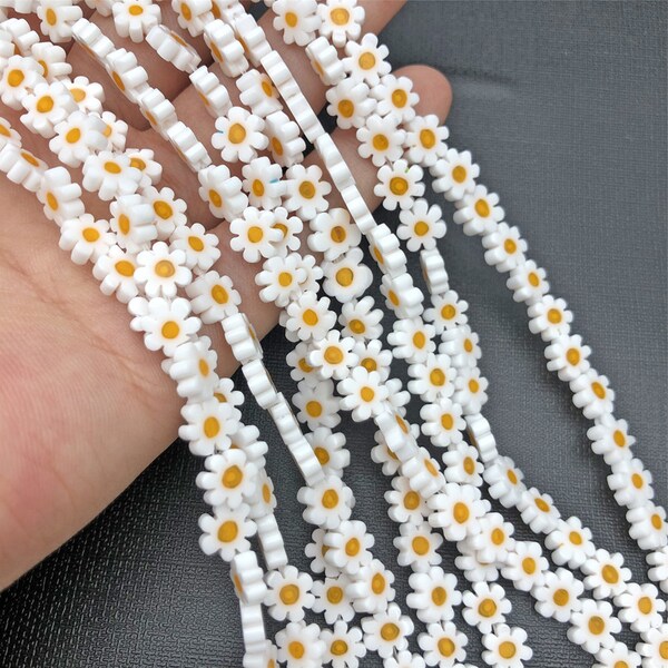 Millefiori Flower Glass Flat Beads, White Flower , Wholesale Beads,Full Strand, 6mm, 8mm