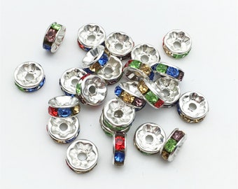 100 pcs 8mm Multicolr Rhinestone Spacer Rondelle Beads ,Silver Tone Spacer Bead,Findings