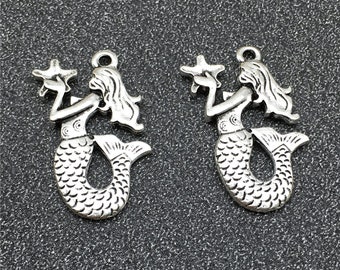 10 Large Mermaid Charms ,Mermaid Pendant,Antique Silver Tone