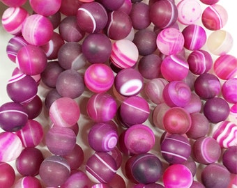 8 mm 10 mm perles en Agate mat, Agate rayure rose Fuchsia, perles semi-précieuses, perles, fil en gros