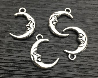 Bulk 30 Silver Moon Face Charms ,Double Sided Moon Charms ,Moon Crescent Moon Pendant, Antique Silver Tone 22x15mm