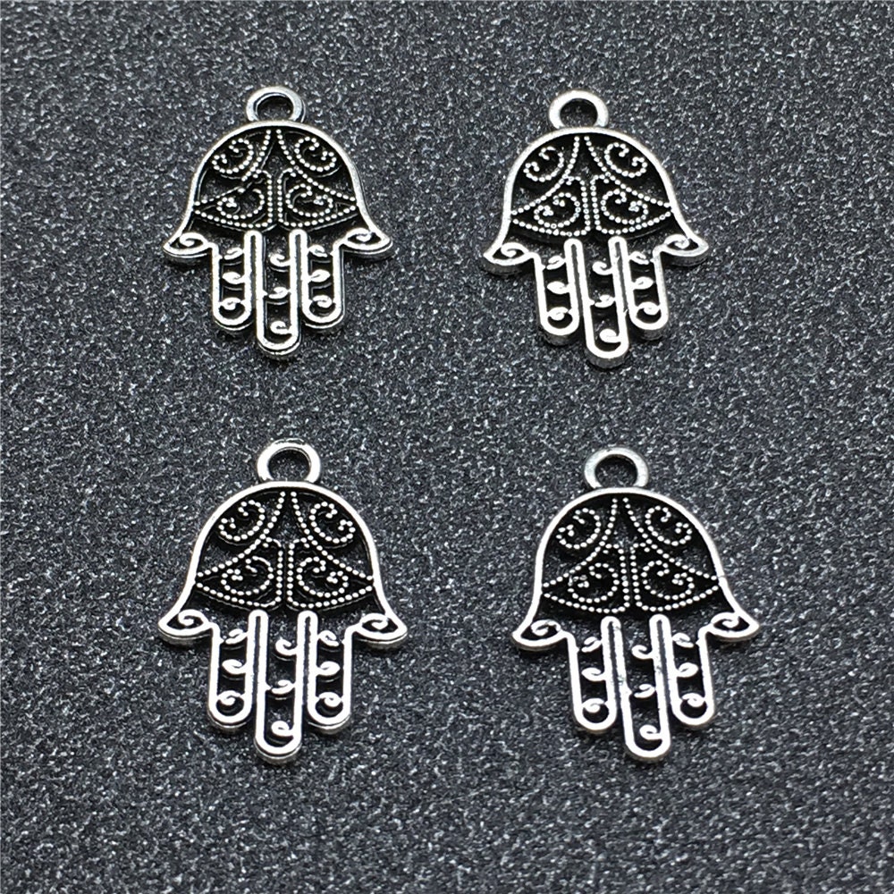 Antique Silver Hamsa Hand Charms, Healing Hand Pendant, Hand Of Fatima, Yoga Jewelry 4pc - 0619