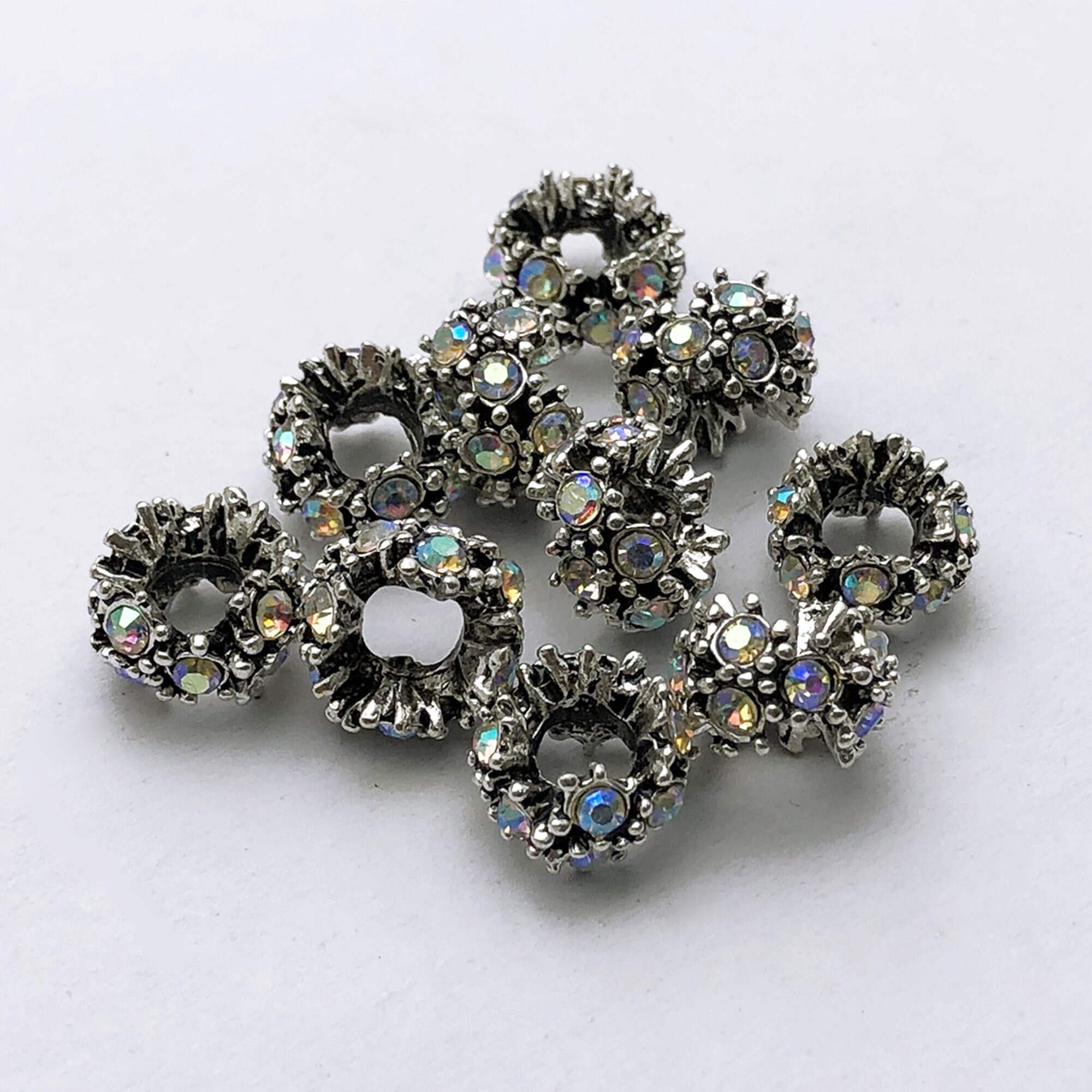 20pcs Mystic White Rhinestone Spacer Beads antique Silver Spacer