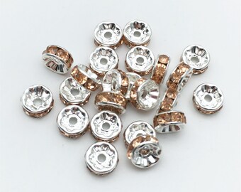 100 pcs 8mm Champagnee Rhinestone Spacer Rondelle Beads ,Silver Tone Spacer Bead,Findings