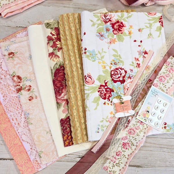 LARGE 7 Floral Junk Journal Fabric Bundle/ Lady Washington Button card/Doily/Embroidery floss & Beaded pin/Trims/What you see you will get