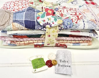 Large Vintage Quilt Scrap bundles, Handmade patchwork, cutter quilt, slow stitch kit, junk journal supply, cottage chic, Quilt block 10