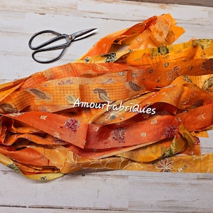 100% SEIDE Bänder-ORANGE Sari Seide -Boho Streifen 1 "breite Seide Sari Streifen/Seide Quasten/Recycling Band/Kunst Garn/Weben/Teppich Haken