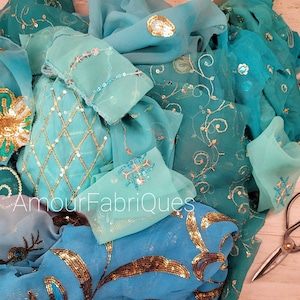 Bolsa de 5" x 7" de retazos de sari con cuentas azules, retazos de sari, retazos bohemios, variedad de retazos con cuentas o secuencias