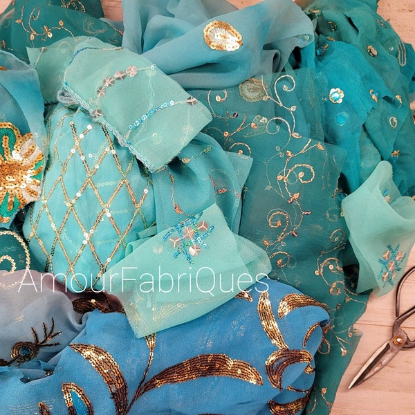 5" x 7" Bag BLUE Beaded Sari Scraps-Sari Scraps-Boho Scraps-Variety of Beaded/sequence scraps