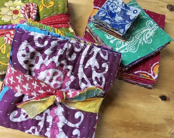 30 Vintage Kantha Quilt Squares: Hand-Stitched Sari Fabric Variety Pack