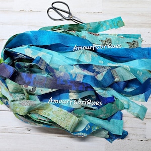 20 Yards 100% SILK Ribbons BLUE Sari silk -Boho Strips 1&quot; Wide Silk Sari Strips/Silk Tassels/Recycled Ribbon/Art yarn/Weaving/Rug hooking
