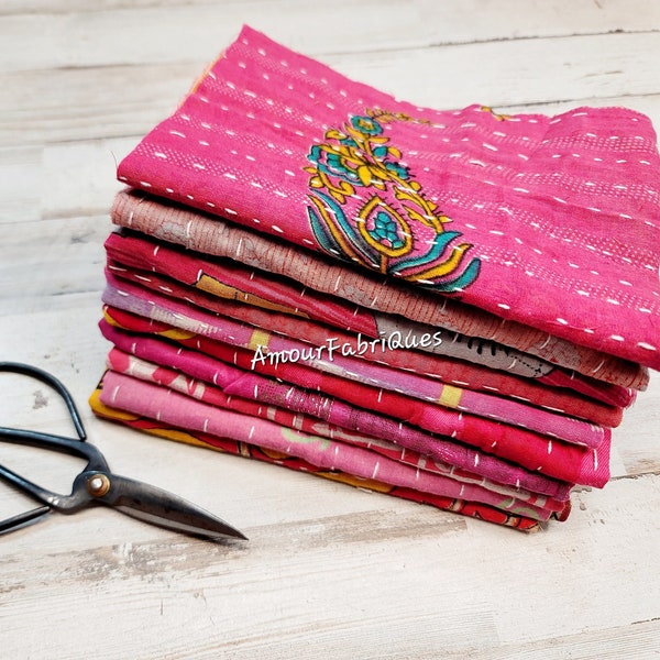 1/2 POUND (PINK) Kantha Bundle/ 10.5" x14.5' Cuts/Kantha Scraps/Kantha Quilts/ Hand stitched Junk Journal covers quilt Fabric/Boho fabric