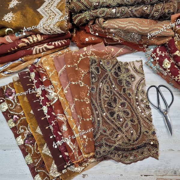 LARGE 10 Pack BROWN'S (10.5" x 10.5") Vintage Sari Beaded-Applique Fabrics-Boho Fabric-Beaded Fabrics- Fabrics-Junk journal-Doll Art