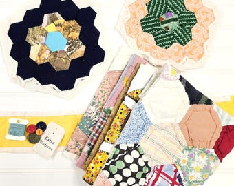 Large Vintage Quilt Scrap bundles, Handmade patchwork, cutter quilt, slow stitch kit, junk journal supply, cottage chic, Quilt block 14