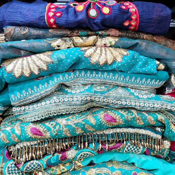 Vintage (UN-Cut) BLUE Sari-Choose your sari scarf/Dupatta Scarf/ Boho sari scarf/Choose your scarf option