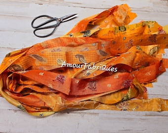 20 yards Orange Silk Sari silk Ribbon Strips: Recycled Art Yarn, Boho Tassels